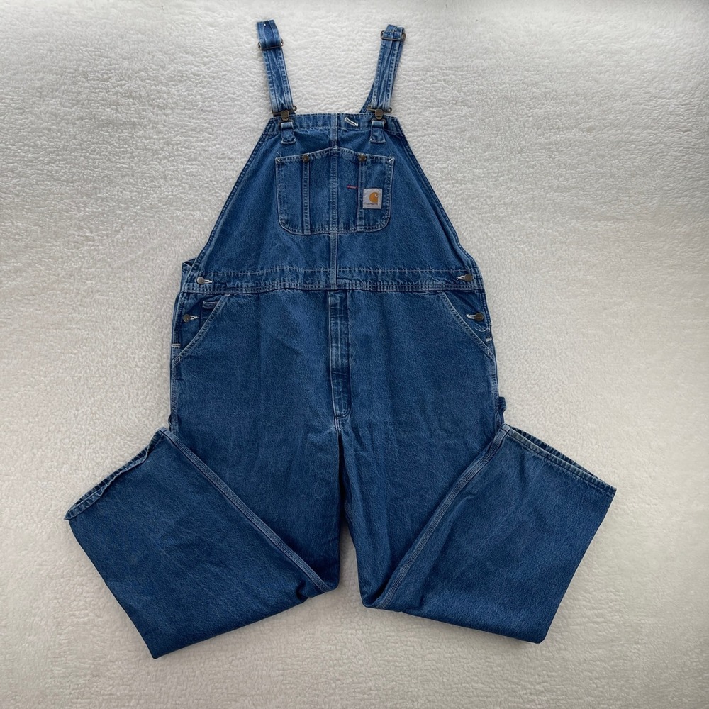 Carhartt Overalls Men 50x30 Blue R07-DST Denim Bibs Workwear Outdoor Chore Ranch